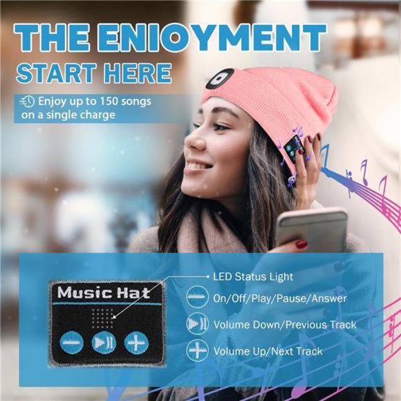 Bluetooth Beanie Hats with Light,Unisex Rechargable LED Beanie with Headphone - Picture 5 of 6